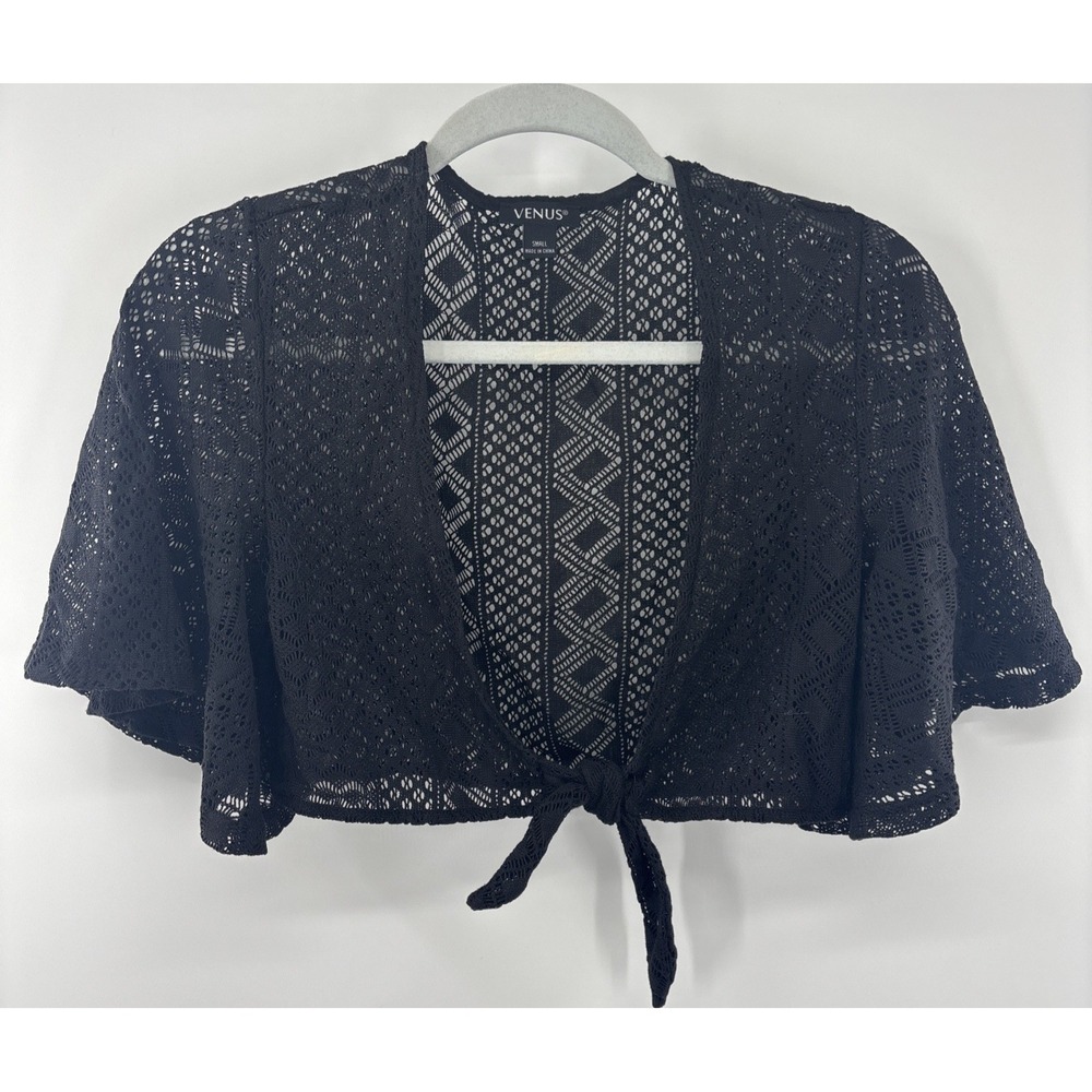 Venus Open Crochet Tie Front Cropped Cardigan Shrug Women Small Black Festival